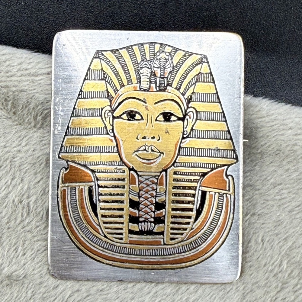 Vintage Egyptian Revival Brooch Reed‎ & Barton Damascene Silver Tone